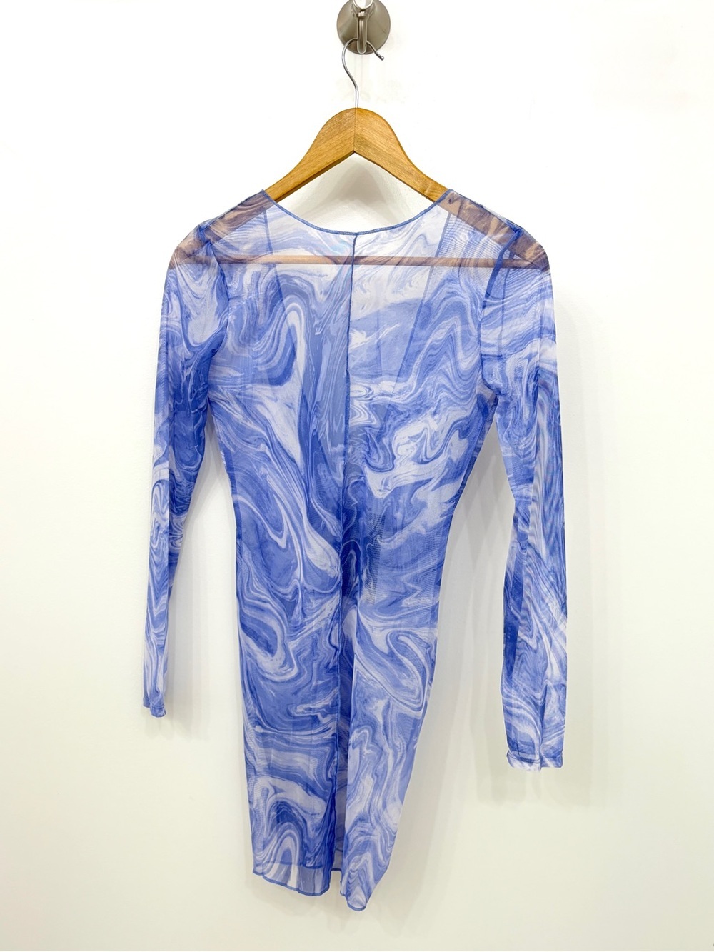 Naked Wardrobe Swim Cover up mesh sheer mini dress long sleeve blue swirl marble - Picture 2 of 7